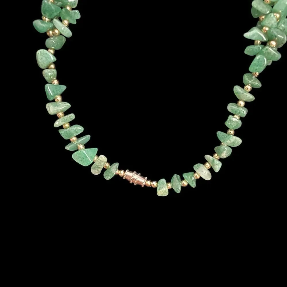 Artisan Necklack Green Aventurine Multi Strand Polished Chips Goldtone Beads